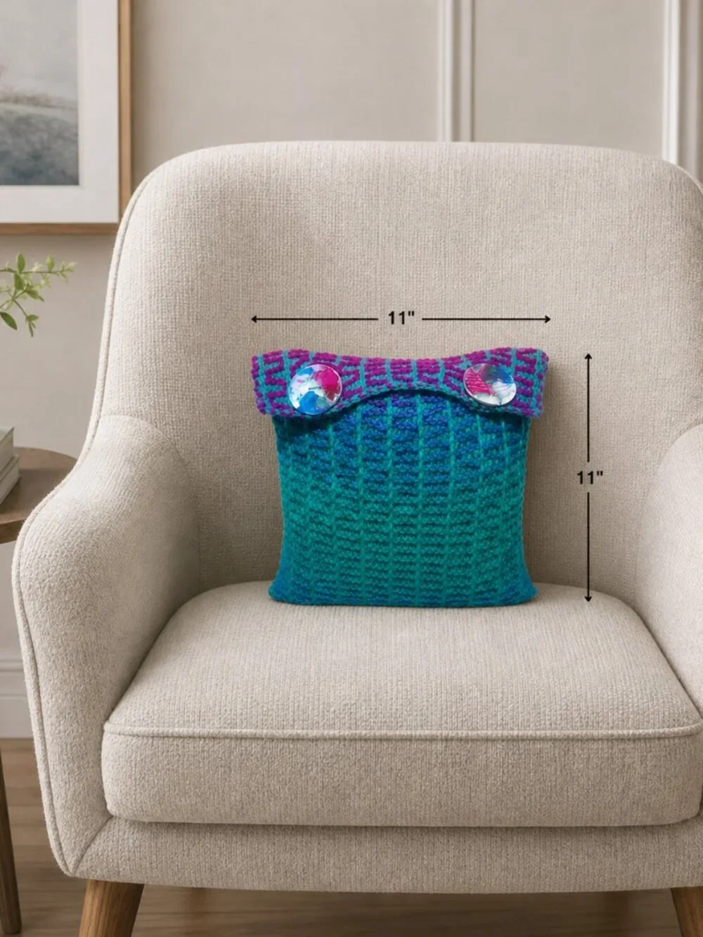 Hand Crafted Knit Throw Pillow Cerulean Blue Magenta Turquoise Green Painte…